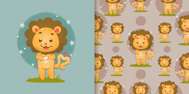 El pequeño león lleno de amor dando el signo de amor con su mano de ilustración