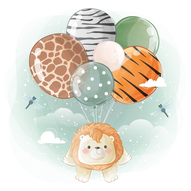 Vector pequeño león safari volando con globos estampados de animales