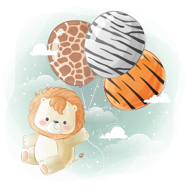 Vector pequeño león safari volando con globos estampados de animales