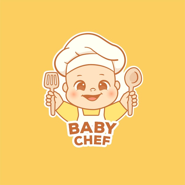 Pequeño y lindo bebé chef que cocina el logotipo del personaje de la mascota para la merienda y la comida del bebé