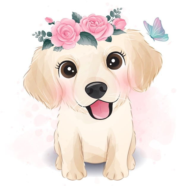 Vector pequeño y lindo golden retriever con ilustración floral