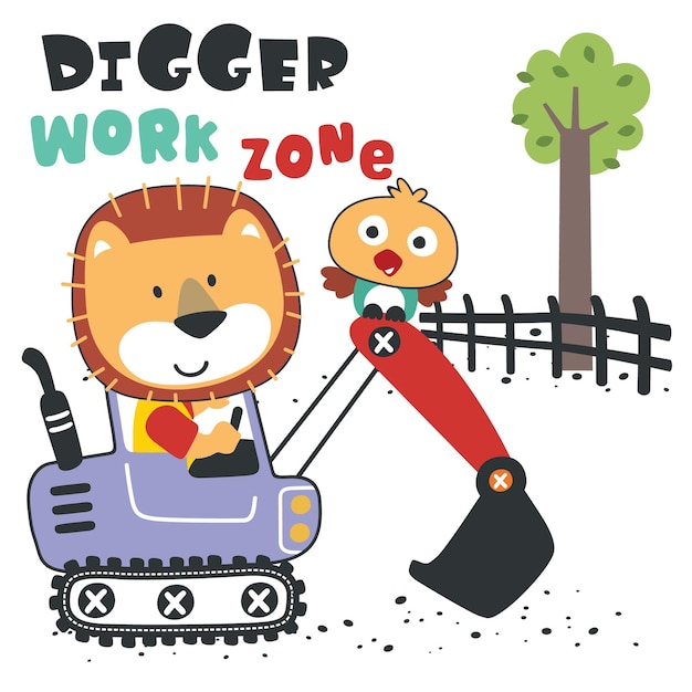 Un pequeño y lindo tigre en una excavadora azul. Puede usarse para imprimir camisetas. Los niños usan estampados de diseño de moda para camisetas, carteles de ropa de bebé y otras decoraciones.