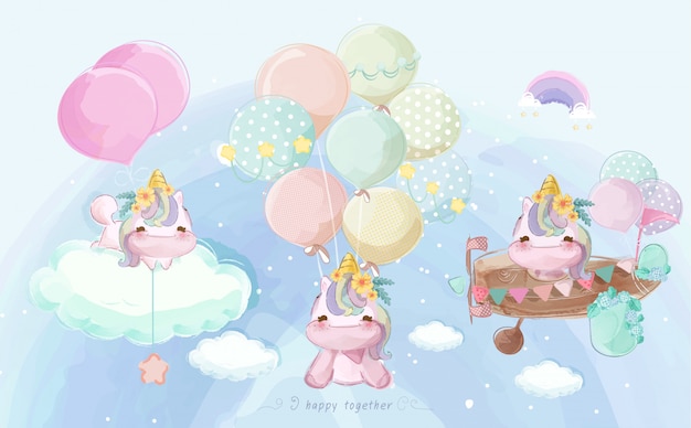 Un pequeño y lindo unicornio en colorido estilo acuarela Set.