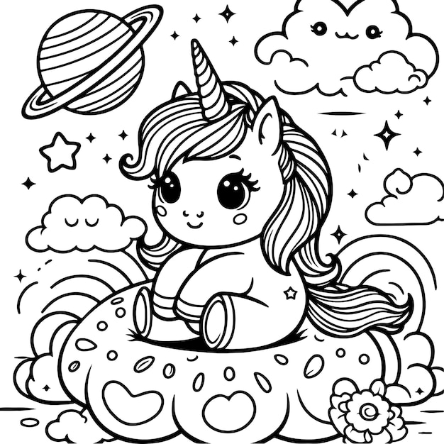 Vector un pequeño y lindo unicornio con contorno negro para niños libro de colorear