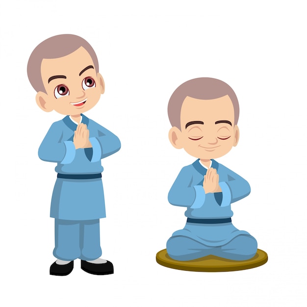 Pequeño monje Shaolin lindo rezando y meditando