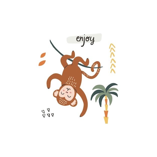Pequeño mono divertido al revés Carácter vectorial en estilo dibujado a mano de dibujos animados Diseño de composición de carteles de tarjetas Ilustración vectorial para niños aislada en fondo blanco