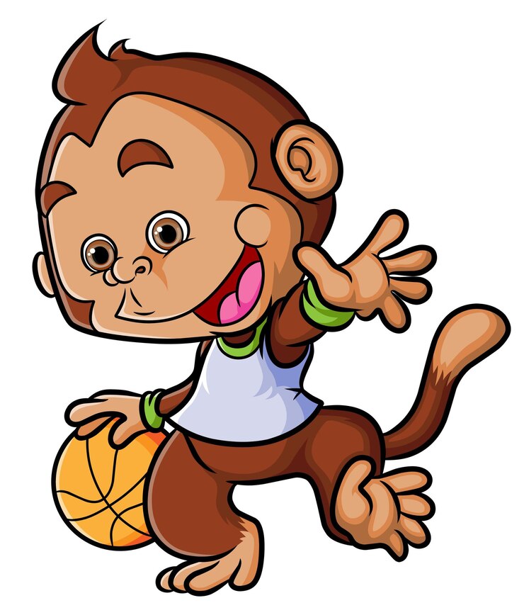 Vector el pequeño mono está jugando baloncesto mientras regatea una pelota.