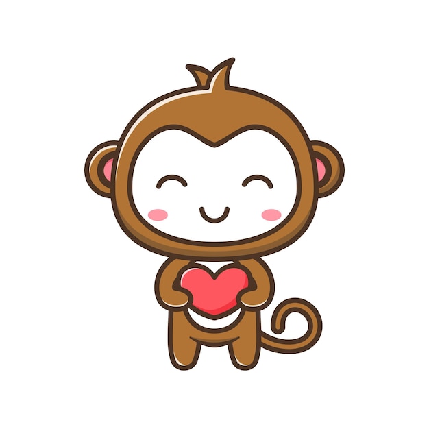 Pequeño mono lindo con ilustración de dibujos animados de corazón aislado