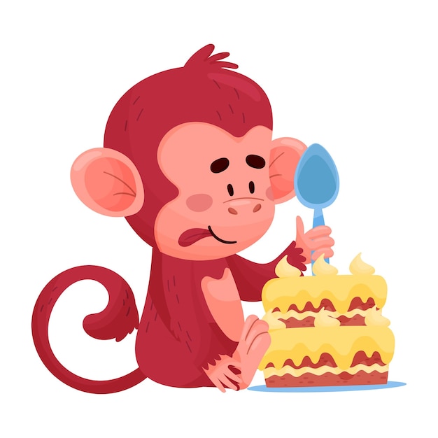 Pequeño mono rojo gracioso comiendo el pastel personaje de dibujos animados vectorial