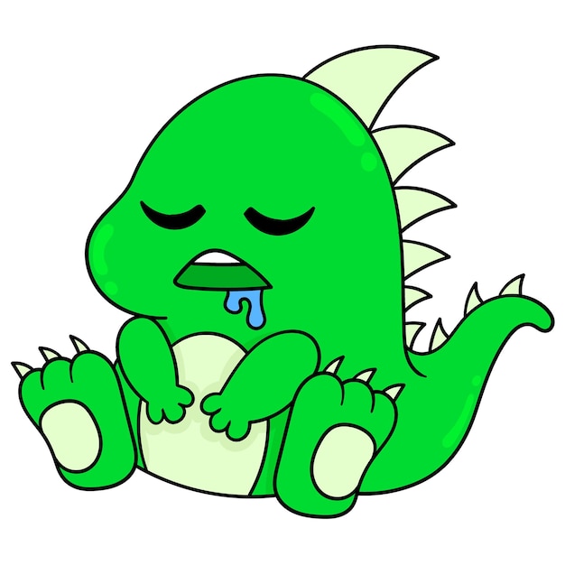 Pequeño monstruo dino está sentado babeando dormido, arte de ilustración vectorial. imagen de icono de doodle kawaii.