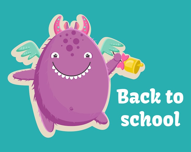 El pequeño monstruo púrpura lindo está listo para el primer día de clases con una campana en su pata. ilustración vectorial. plantilla sobre fondo turcos