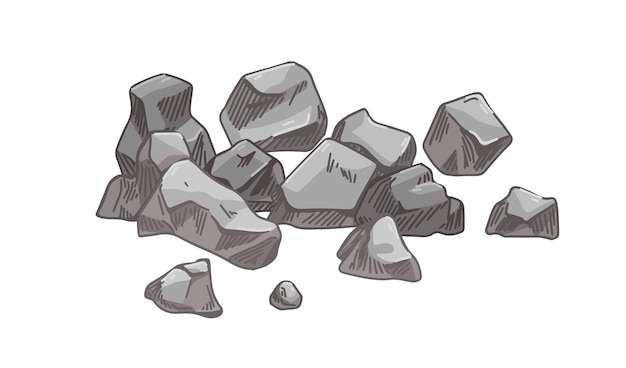 Pequeño montón de piedras. Montón de adoquines rotos. Composición de piezas de grava. Granito natural, fósil de construcción. Fragmentos de roca. Ilustración vectorial dibujada a mano geológica aislada sobre fondo blanco