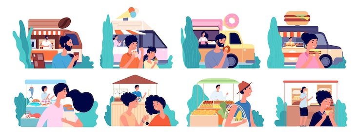 Vector pequeño negocio café propietario cafetería panadería mercado local piso feliz cliente comer comida puesto callejero fachada y compradores pronuncian escenas vectoriales