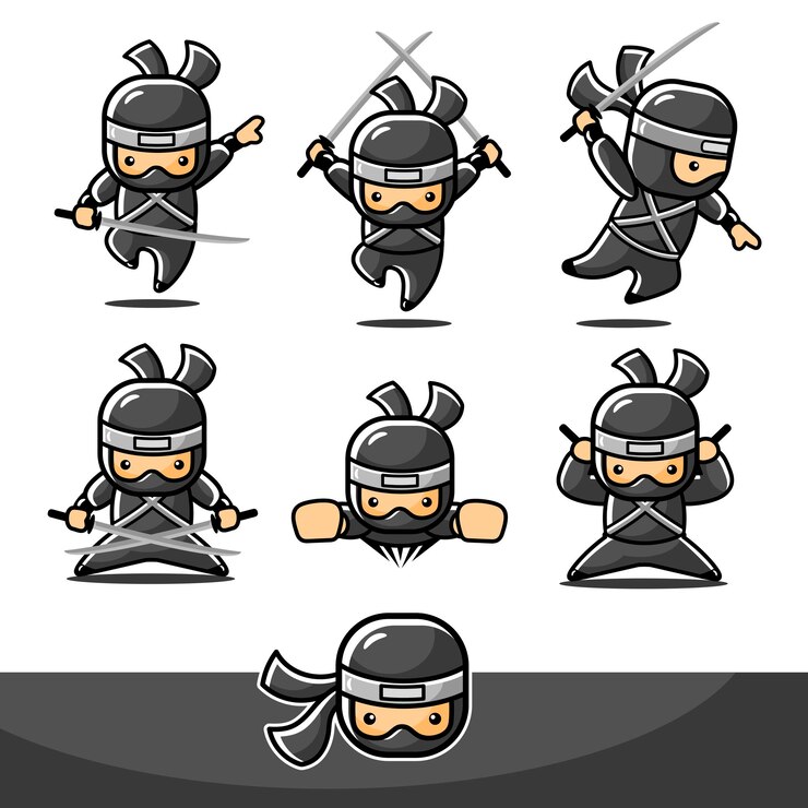 Vector pequeño ninja negro de dibujos animados con movimiento de mosca