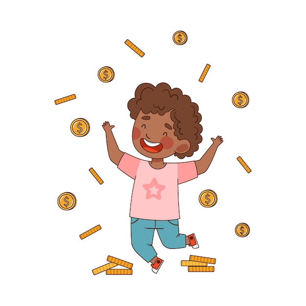 Pequeño niño afroamericano saltando lanzando monedas de oro ilustración vectorial