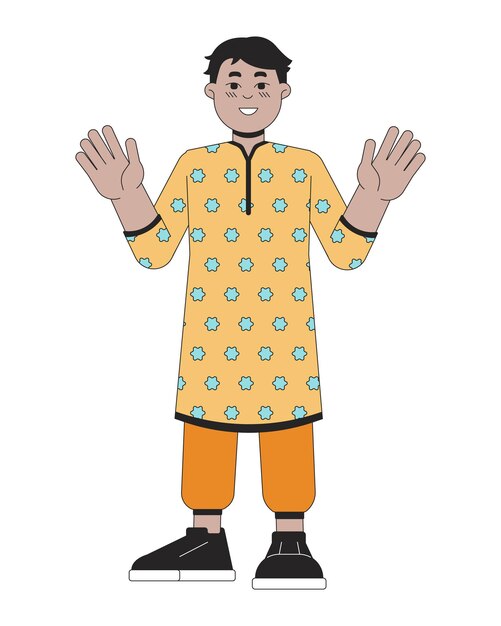 Vector pequeño niño indio kurta túnica 2d personaje de dibujos animados lineal.