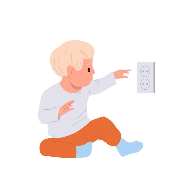 Pequeño niño niño personaje de dibujos animados jugando tocando con enchufe casa electricidad aislada en fondo blanco Niño pequeño en situación peligrosa con riesgo para la salud vector Ilustración