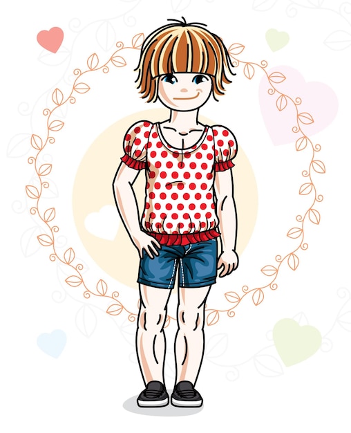 Pequeño niño pelirrojo lindo con diferentes ropas casuales y de pie en un telón de fondo colorido con corazones. Ilustración vectorial de una chica agradable.
