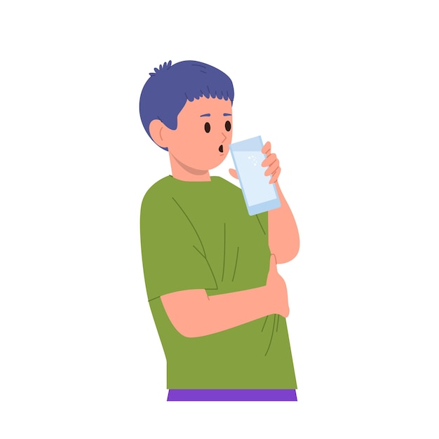 Pequeño niño personaje de dibujos animados bebiendo agua de vaso para refrescarse aislado en blanco