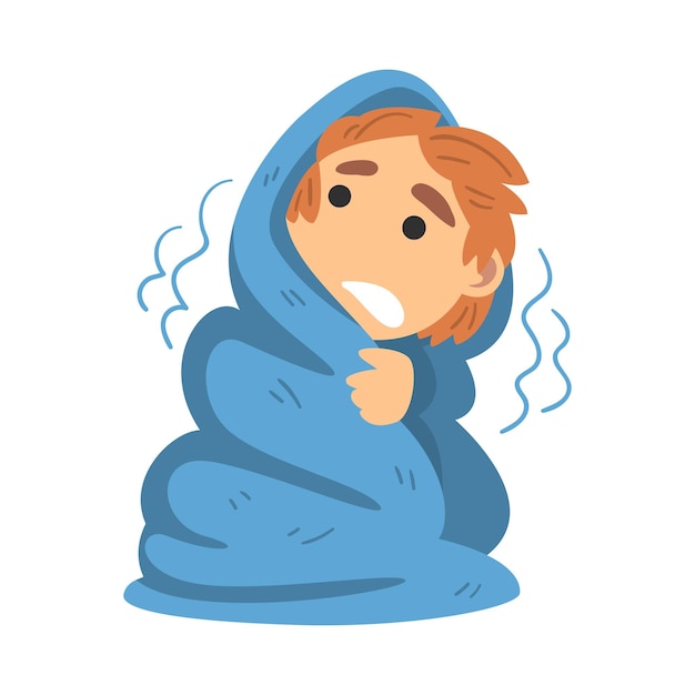 Pequeño niño temeroso cubierto con una manta temblando de miedo asustado de algo ilustración vectorial