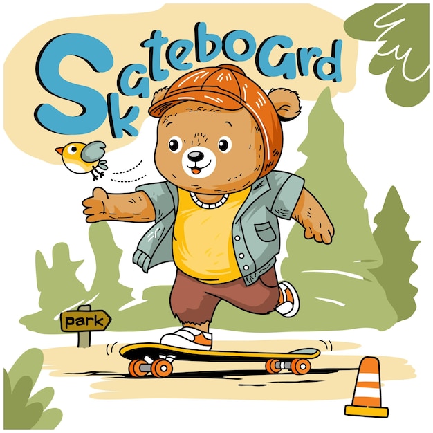 Vector un pequeño oso jugando a la patineta dibujos animados divertidos