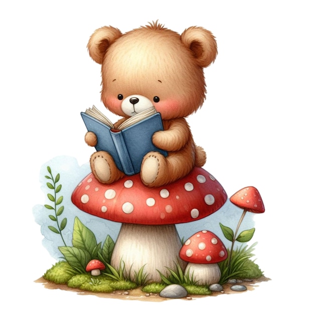 un pequeño oso lindo leyendo un libro en la parte de atrás de un hongo