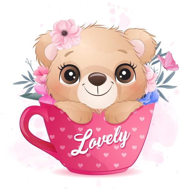 Vector pequeño oso lindo que se sienta dentro de la ilustración de la taza