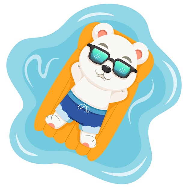 Pequeño oso polar de dibujos animados tomando el sol con gafas de sol