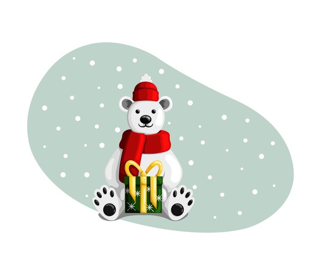 Vector un pequeño oso polar con un sombrero rojo y una bufanda sostiene una caja de regalo. estilo plano