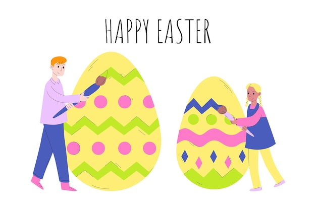 Pequeño padre e hija pintan huevos de Pascua. Felices Pascuas. El concepto de preparación para la Pascua, celebrando la Pascua con toda la familia. Ilustración de vector de estilo de dibujos animados.