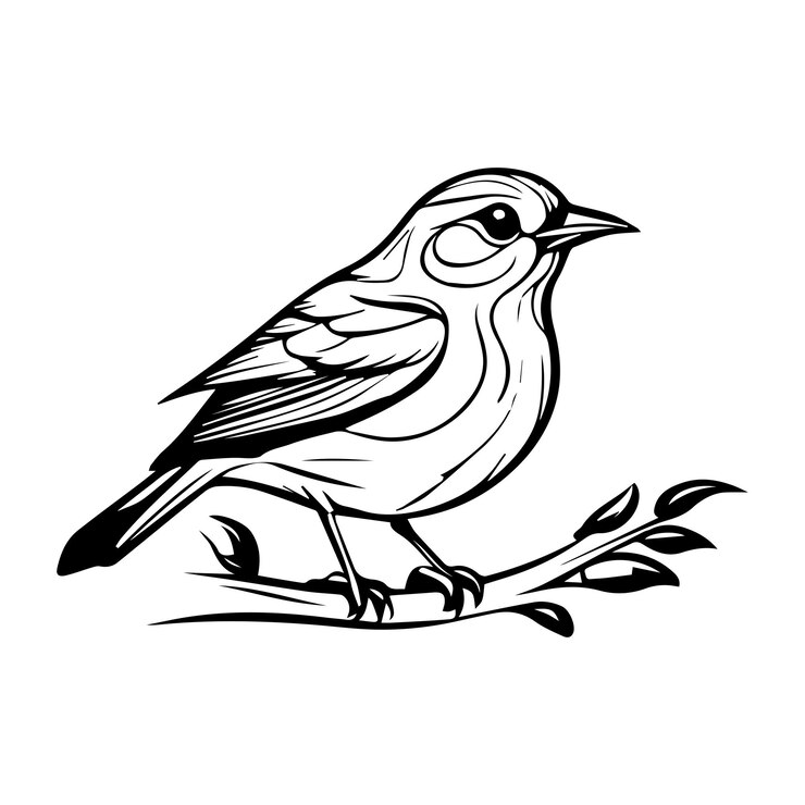 Un pequeño pájaro se sienta en una rama dibujo vectorial monocromático aislado en fondo blanco