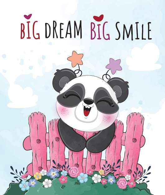 Vector pequeño panda animal lindo con ilustración de flores- lindo personaje de panda acuarela animal