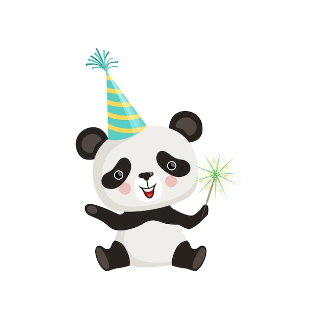 Pequeño panda gracioso sentado en el suelo y sosteniendo un palo brillante Personaje de dibujos animados de un lindo oso de bambú en un sombrero de fiesta Diseño gráfico para postales o pegatinas Ilustración vectorial plana aislada en blanco