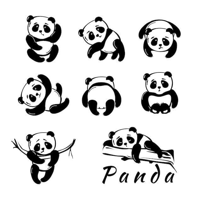 Pequeño panda lindo. conjunto de 8 poses diferentes.