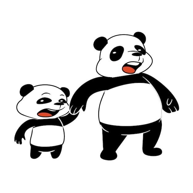 Pequeño panda y papá tomados de la mano ilustración de dibujos animados lindo aislado