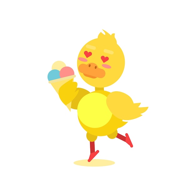 Pequeño patito amarillo divertido disfrutando de la ilustración de vector de personaje de dibujos animados de helado aislado en un fondo blanco