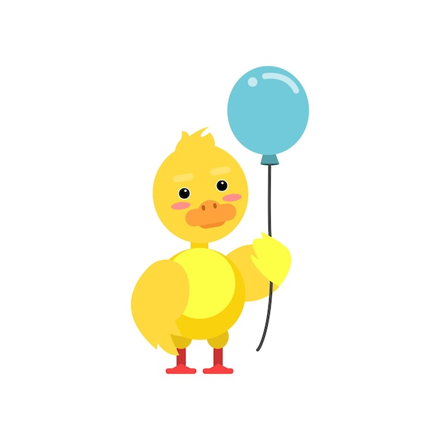 Pequeño patito amarillo divertido de pie con ilustración de vector de personaje de dibujos animados de globo de aire azul aislado en un fondo blanco