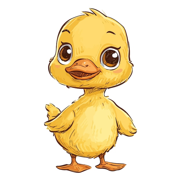 Pequeño pato amarillo personaje de dibujos animados dibujado en estilo doodle Diseño para ropa de bebé carteles postales