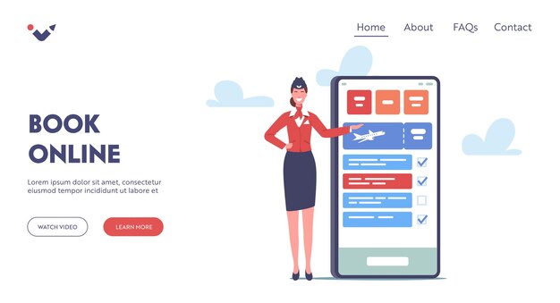 Pequeño personaje de azafata cerca de una enorme plantilla de página de inicio de smartphone. Asistente de vuelo, azafata en uniforme y gorra invitando a los pasajeros a reservar boletos de avión en línea. Ilustración vectorial de dibujos animados