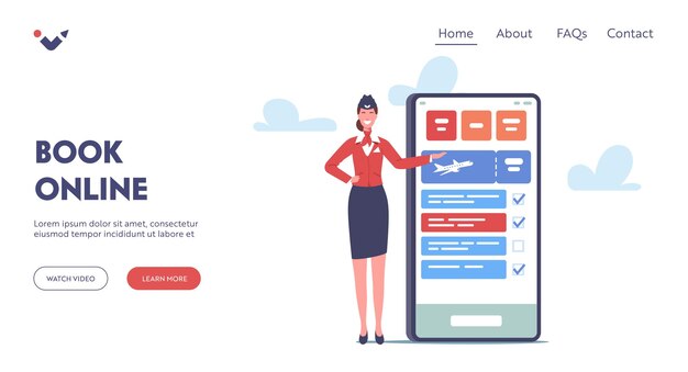 Pequeño personaje de azafata cerca de una enorme plantilla de página de inicio de smartphone. asistente de vuelo, azafata en uniforme y gorra invitando a los pasajeros a reservar boletos de avión en línea. ilustración vectorial de dibujos animados