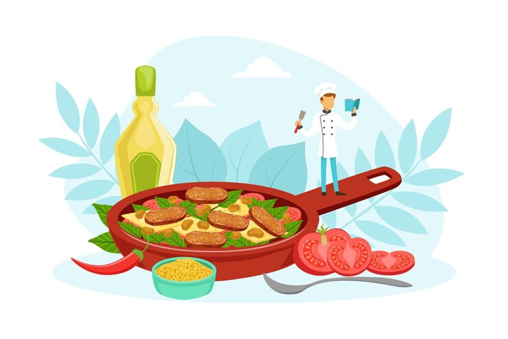Vector pequeño personaje de chef cocinando un delicioso plato en una enorme sartén ilustración vectorial de dibujos animados
