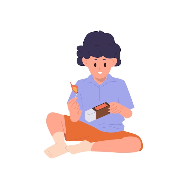 Pequeño personaje de dibujos animados jugando al fuego sosteniendo una cerilla de cerilla ardiente ilustración vectorial aislada en fondo blanco Riesgo y peligro en la casa debido al desarrollo descuidado de los niños