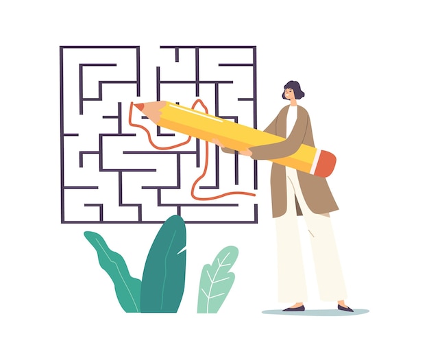 Pequeño personaje de empresaria con enorme forma de pintura de lápiz en laberinto Búsqueda Respuesta, Idea, Perspicacia, Desafío. Personaje femenino figura salida en laberinto, tarea complicada. Ilustración vectorial de dibujos animados