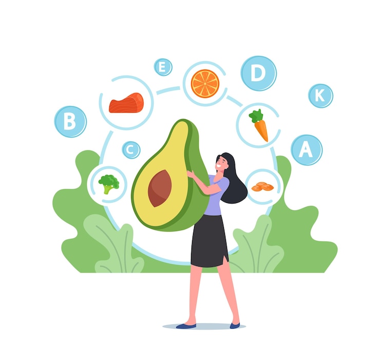 Vector pequeño personaje femenino que sostiene enormes aguacates frescos para la salud de la piel, desintoxicación, nutrición fortificada, alimentos saludables para el cuidado de la piel, alimentación vegana, nutrición ecológica. ilustración de vector de gente de dibujos animados