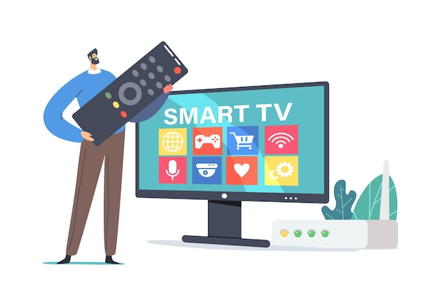 Pequeño personaje masculino con enorme soporte de control remoto en un enorme televisor con smart tv. dispositivo interactivo conectado a la red, tecnologías de entretenimiento innovadoras. ilustración de vector de gente de dibujos animados