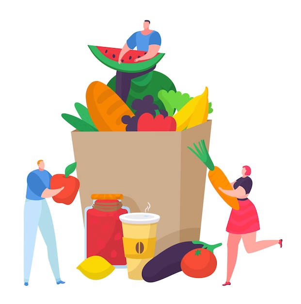 Vector pequeño personaje masculino femenino paquete ecología frutas orgánicas vegetales y productos alimenticios dibujos animados vector illu ...