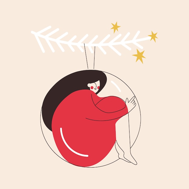 Pequeño personaje de mujer sentada en gran bola de cristal de Navidad. La muchacha se sienta dentro de la chuchería grande colgada en la rama del árbol de navidad. Solo vacaciones o cuidado personal, concepto de aceptación. Personaje femenino cerrado