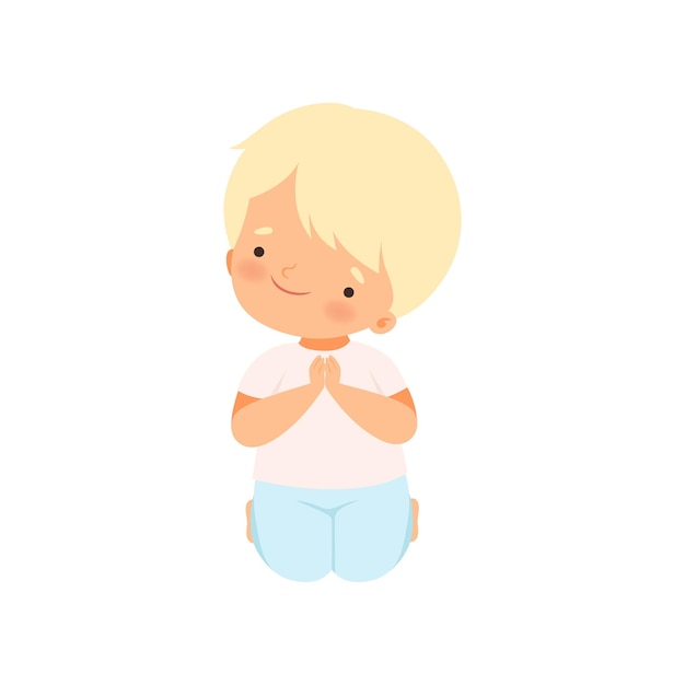 Pequeño personaje de niño dulce orando de pie de rodillas Ilustración vectorial de dibujos animados sobre fondo blanco