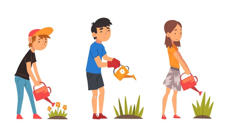 Vector pequeño personaje de planta de riego brote que crece en el conjunto de vectores de suelo