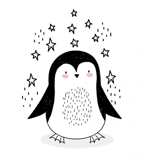 Pequeño pingüino estrellas decoración animales lindos bosquejo fauna silvestre dibujos animados adorable